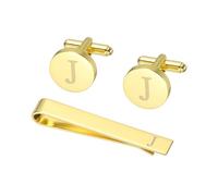 PATIKIL Cuff Links Mens, Initial Tie Clip and Cufflink Set for Men Classic Copper Personalized Cuff Links and Tie Bar for Father Husband Son, Letter J(Gold Tone)