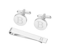 PATIKIL Cuff Links Mens, Initial Tie Clip and Cufflink Set for Men Classic Copper Personalized Cuff Links and Tie Bar for Father Husband Son, Letter B(Silver Tone)