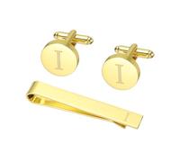 PATIKIL Cuff Links Mens, Initial Tie Clip and Cufflink Set for Men Classic Copper Personalized Cuff Links and Tie Bar for Father Husband Son, Letter I(Gold Tone)