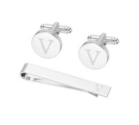PATIKIL Cuff Links Mens, Initial Tie Clip and Cufflink Set for Men Classic Copper Personalized Cuff Links and Tie Bar for Father Husband Son, Letter V(Silver Tone)