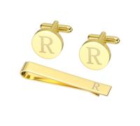 PATIKIL Cuff Links Mens, Initial Tie Clip and Cufflink Set for Men Classic Copper Personalized Cuff Links and Tie Bar for Father Husband Son, Letter R(Gold Tone)