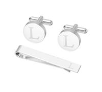 PATIKIL Cuff Links Mens, Initial Tie Clip and Cufflink Set for Men Classic Copper Personalized Cuff Links and Tie Bar for Father Husband Son, Letter L(Silver Tone)