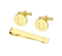 PATIKIL Cuff Links Mens, Initial Tie Clip and Cufflink Set for Men Classic Copper Personalized Cuff Links and Tie Bar for Father Husband Son, Letter U(Gold Tone)