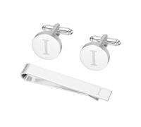 PATIKIL Cuff Links Mens, Initial Tie Clip and Cufflink Set for Men Classic Copper Personalized Cuff Links and Tie Bar for Father Husband Son, Letter I(Silver Tone)