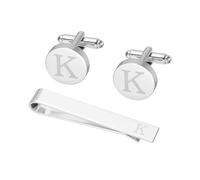 PATIKIL Cuff Links Mens, Initial Tie Clip and Cufflink Set for Men Classic Copper Personalized Cuff Links and Tie Bar for Father Husband Son, Letter K(Silver Tone)