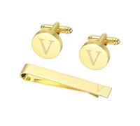 PATIKIL Cuff Links Mens, Initial Tie Clip and Cufflink Set for Men Classic Copper Personalized Cuff Links and Tie Bar for Father Husband Son, Letter V(Gold Tone)