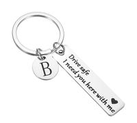 PATIKIL Drive Safe Keychain, 1 Set Letter B Keychain I Need You Here with Me Custom Keychain with Gift Box for Him Christmas Valentines Day Gifts, Silver