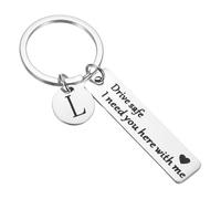 PATIKIL Drive Safe Keychain, 1 Set Letter L Keychain I Need You Here with Me Custom Keychain with Gift Box for Him Christmas Valentines Day Gifts, Silver