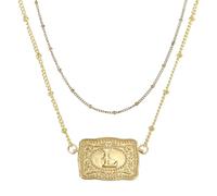 PATIKIL Embossed Belt Buckle Necklace, 1 Set Western Initial Cow Tag Necklace with Beaded Chain Western Jewelry for Women Men Birthday Gift, Letter L(Gold)