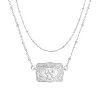 PATIKIL Embossed Belt Buckle Necklace, 1 Set Western Initial Cow Tag Necklace with Beaded Chain Western Jewelry for Women Men Birthday Gift, Letter W(Silver)