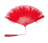 PATIKIL Embroidered Flower Marabou Feather Fan, 1920s Vintage Folding Handheld Fan Chinese Flapper Hand Fan for Costume Party Dancing Wedding Show Tea Decoration, Red
