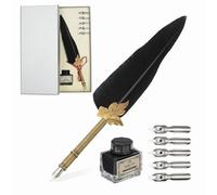 PATIKIL Feather Quill Pen Set, 1 Set Vintage Feather Calligraphy Pen Fountain Dip Pen Set with Ink, Pen Holder and Replacement Nibs for Beginner Writer Writing Gift, Black(Silver Box)
