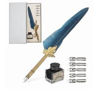 PATIKIL Feather Quill Pen Set, 1 Set Vintage Feather Calligraphy Pen Fountain Dip Pen Set with Ink, Pen Holder and Replacement Nibs for Beginner Writer Writing Gift, Navy Blue(Silver Box)