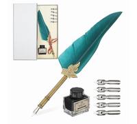 PATIKIL Feather Quill Pen Set, 1 Set Vintage Feather Calligraphy Pen Fountain Dip Pen Set with Ink, Pen Holder and Replacement Nibs for Beginner Writer Writing Gift, Dark Green(Silver Box)