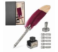 PATIKIL Feather Quill Pen Set, 1 Set Vintage Feather Calligraphy Pen Fountain Dip Pen Set with Ink, Pen Holder and Replacement Nibs for Beginner Writer Writing Gift, Dark Red