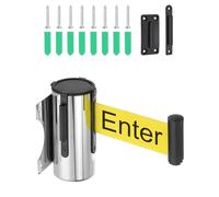 PATIKIL Fixed Wall Mount Retractable Belt Barrier, 9.84 Feet Fixed Retractable Belt Barrier with Steel Case for Crowd Control Retail Store Stadium, Silver Tone/Yellow with Caution