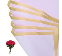 PATIKIL Flower Gift Wrapping Paper, 20 Sheets Gold Edge Waterproof Bouquet Paper Wrap Florist Supplies Packaging Floral Papers for Wedding DIY Craft Valentine Mother's Day, Light Purple