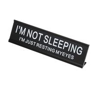 PATIKIL Funny Nameplate, 8"x2" Novelty Desk Sign Plaque Aluminum Desk Name Plate with Base for Office, Black White (I'M Not SleepingI'M Just Resting Myeyes)