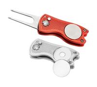 PATIKIL Golf Divot Repair Tool, 2 Pack Foldable Metal Golf Green Divot Tool with Magnetic Ball Marker & Stainless Steel Fork for Golfer, Red/Silver