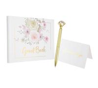 PATIKIL Guest Book, 9.3x7 Elegant Wedding Guestbook Colorful Bouquet Cover Memory Book with Diamond Signing Pen and Greeting Card for Wedding Bridal Birthday Party Events, Gold Tone