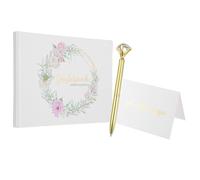 PATIKIL Guest Book, 9.3x7 Elegant Wedding Guestbook German Wreath Cover Memory Book with Diamond Signing Pen and Greeting Card for Wedding Bridal Shower Birthday Party Events, Gold Tone
