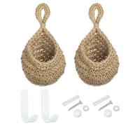 PATIKIL Hanging Fruit Baskets for Kitchen, 2 Pack Mini Size Teardrop Home Decor Storage Hand-Woven Wall Hanging Basket for Garlic Potato Vegetable, Brown