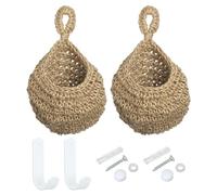 PATIKIL Hanging Fruit Baskets for Kitchen, 2 Pack Small Size Teardrop Home Decor Storage Hand-Woven Wall Hanging Basket for Garlic Potato Vegetable, Brown