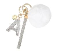 PATIKIL Initial Letter Keychain, Alphabet A Bling Rhinestone Keyring Key Chains Charms with Pom and Rhinestone Wristlet for Women Girls Car Key Purse Backpack Handbag Charm, White