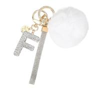 PATIKIL Initial Letter Keychain, Alphabet F Bling Rhinestone Keyring Key Chains Charms with Pom and Rhinestone Wristlet for Women Girls Car Key Purse Backpack Handbag Charm, White