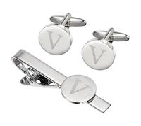 PATIKIL Initial Men Cufflinks and Tie Clip Bar Set, Engraved Alphabet Letter V Initial Cuff Links and Necktie Bar Kit for Men Father Husband Gift Business(Silver Tone)