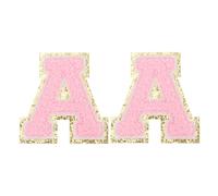 PATIKIL Iron on Letter Patches, 2 Pack Chenille Glitters Letter Patches Embroidered Patch for Repairing Jeans Clothing Bags Hats Shirts Craft, Pink, Alphabet A