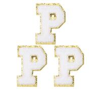 PATIKIL Iron on Letter Patches, 3 Pack Chenille Glitters Letter Patches Embroidered Patch for Repairing Jeans Clothing Bags Hats Shirts Craft, White, Alphabet P