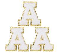 PATIKIL Iron on Letter Patches, 3 Pack Chenille Glitters Letter Patches Embroidered Patch for Repairing Jeans Clothing Bags Hats Shirts Craft, White, Alphabet A
