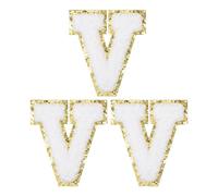 PATIKIL Iron on Letter Patches, 3 Pack Chenille Glitters Letter Patches Embroidered Patch for Repairing Jeans Clothing Bags Hats Shirts Craft, White, Alphabet V