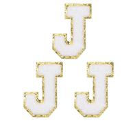 PATIKIL Iron on Letter Patches, 3 Pack Chenille Glitters Letter Patches Embroidered Patch for Repairing Jeans Clothing Bags Hats Shirts Craft, White, Alphabet J