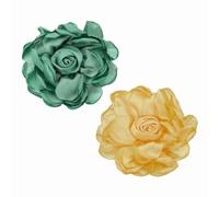 PATIKIL Large Fabric Flower Brooches Pins, 2Pcs Elegant Cloth Rose Flower Big Brooch Dainty Satin Camellia Corsage Lapel Pins for Women Wedding Clothing Suit Dress, Gold/Green