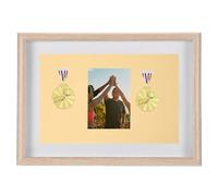 PATIKIL Medal Display Case, 9" x 13" 2 Medal Display Shadow Box Medal Display Frame Wooden Display Stand for Marathon Runners Swimming Football Sports, Yellow-White Elephant Wood