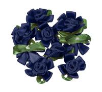 PATIKIL Mini Satin Ribbon Roses, 20 Pcs Small Rosettes Fabric Flowers with Green Leaves for Craft Projects Embellishments Applique, Navy Blue