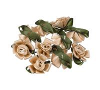 PATIKIL Mini Satin Ribbon Roses, 30 Pcs Small Rosettes Fabric Flowers with Green Leaves for Craft Projects Embellishments Applique, Khaki