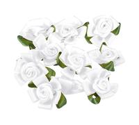 PATIKIL Mini Satin Ribbon Roses, 30 Pcs Small Rosettes Fabric Flowers with Green Leaves for Craft Projects Embellishments Applique, White