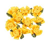 PATIKIL Mini Satin Ribbon Roses, 30 Pcs Small Rosettes Fabric Flowers with Green Leaves for Craft Projects Embellishments Applique, Yellow