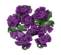 PATIKIL Mini Satin Ribbon Roses, 30 Pcs Small Rosettes Fabric Flowers with Green Leaves for Craft Projects Embellishments Applique, Dark Purple