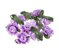 PATIKIL Mini Satin Ribbon Roses, 30 Pcs Small Rosettes Fabric Flowers with Green Leaves for Craft Projects Embellishments Applique, Purple