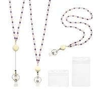 PATIKIL Natural Stone Beaded Lanyard, 3Pcs Retractable Beads Badge Lanyard with ID Card Holder for Women Handmade Crystal Cute Necklace for Office Teacher Cruise, Purple Stone
