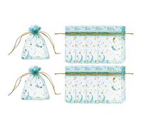 PATIKIL Organza Bags, 50 Pcs 7 x 9cm Mesh Candy Pouch with Drawstring Moon Star Jewelry Gift Bags for Wedding Christmas Festival Makeup Supply, Lake Blue Gold