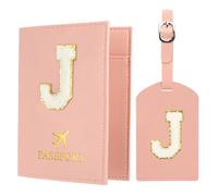 PATIKIL Passport Holder for Travel, Initial Passport Cover and Luggage Tag Set with Alphabet Chenille Letter Patch Travel Wallet Bag Suitcase Identifier for Women Family Travel Pink J