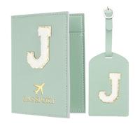 PATIKIL Passport Holder for Travel, Initial Passport Cover and Luggage Tag Set with Alphabet Chenille Letter Patch Travel Wallet Bag Suitcase Identifier for Women Family Travel Green J