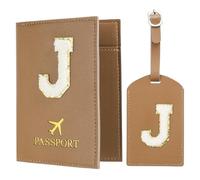 PATIKIL Passport Holder for Travel, Initial Passport Cover and Luggage Tag Set with Alphabet Chenille Letter Patch Travel Wallet Bag Suitcase Identifier for Women Family Travel Brown J
