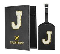 PATIKIL Passport Holder for Travel, Initial Passport Cover and Luggage Tag Set with Alphabet Chenille Letter Patch Travel Wallet Bag Suitcase Identifier for Women Family Travel Black J
