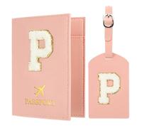 PATIKIL Passport Holder for Travel, Initial Passport Cover and Luggage Tag Set with Alphabet Chenille Letter Patch Travel Wallet Bag Suitcase Identifier for Women Family Travel Pink P